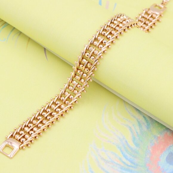 "Wide Rose Gold Plated Textured Bracelet with Elegant Bead Design, XPBL0891 - Picture 7 of 12